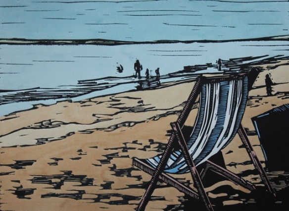 Deck chair on the beach - Lino print 21 x 30cm - Handcoloured - 2013 - Mark Rowden small